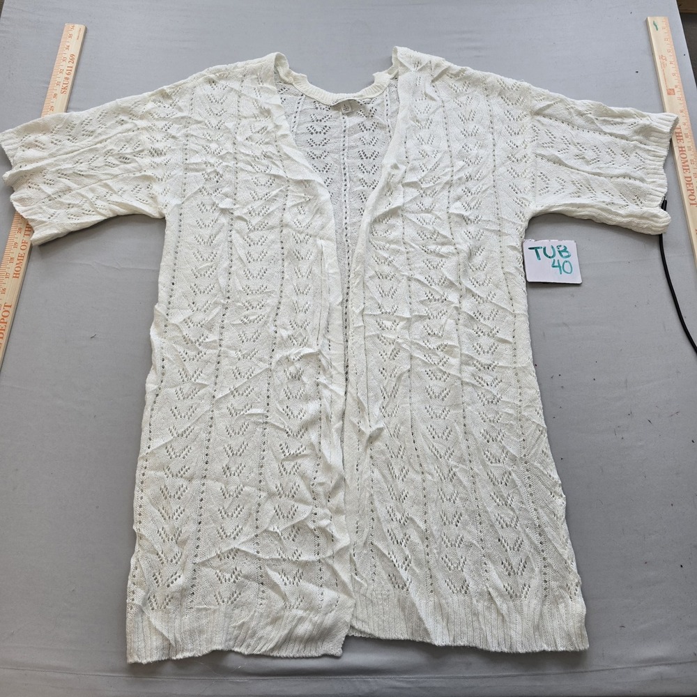 Cato Womens White Pointelle Knit Open Front Cardigan Short Sleeve Longline L